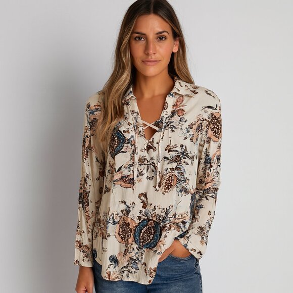 Chico's Tops - Chico’s Small (0) Beige Blue Floral Lace-Up Blouse Boho Western Collared Top